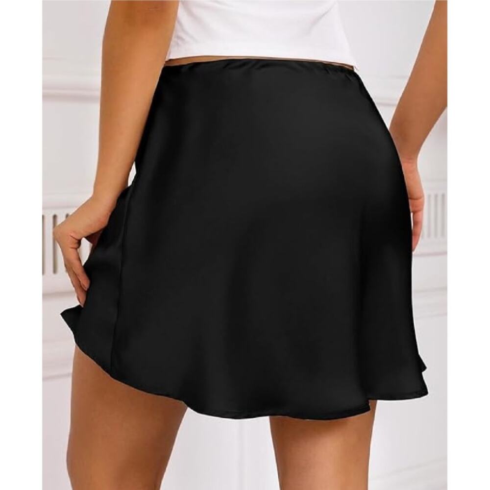 Women's Drawstring Satin Mini Skirt High Waisted Elegant Casual A-Line Flared Si - Picture 3 of 5